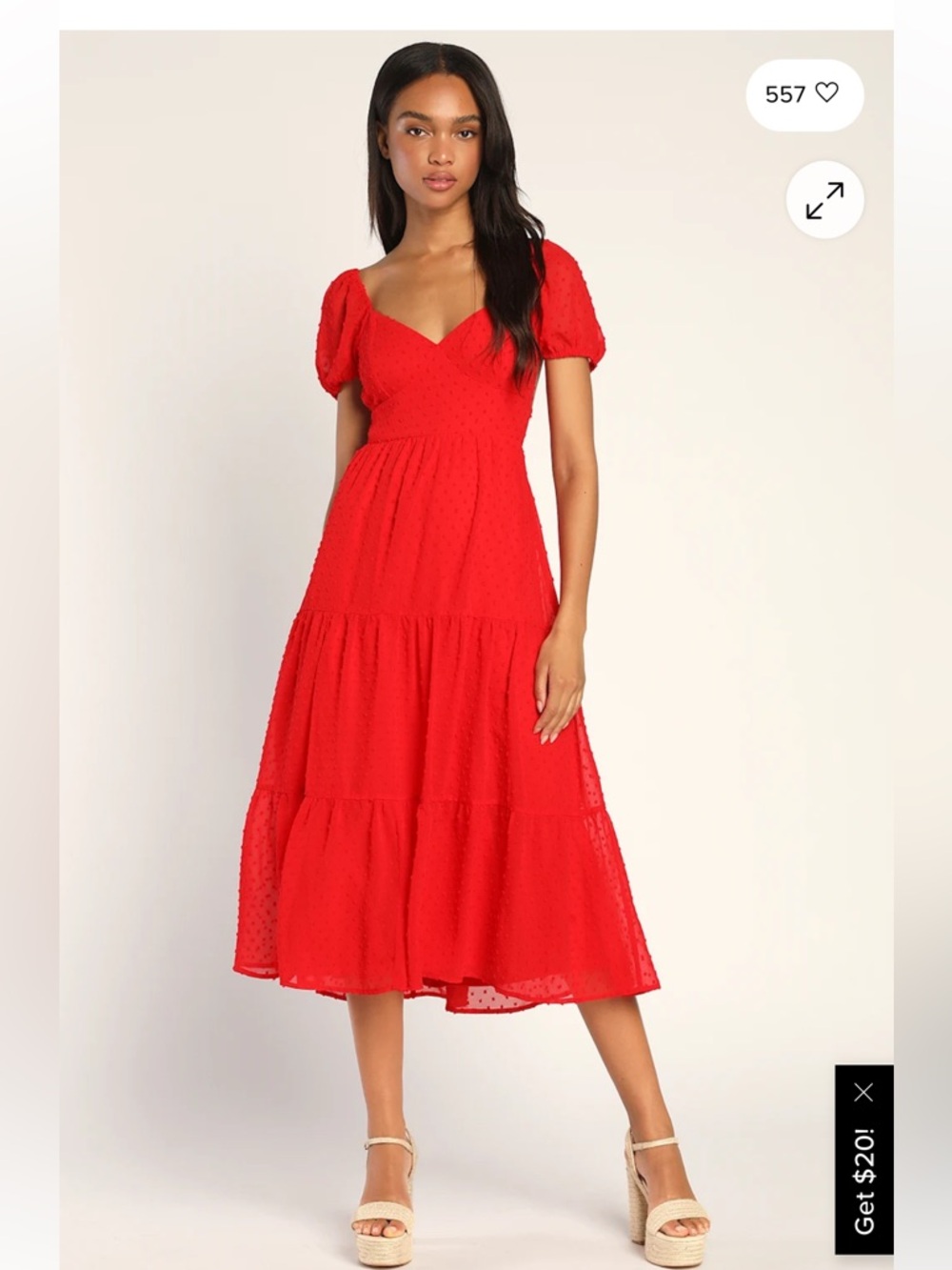 Lulu’s Red Puff Sleeve Midi Dress - Women's Elegant Scoop Neck - Picture 4 of 4